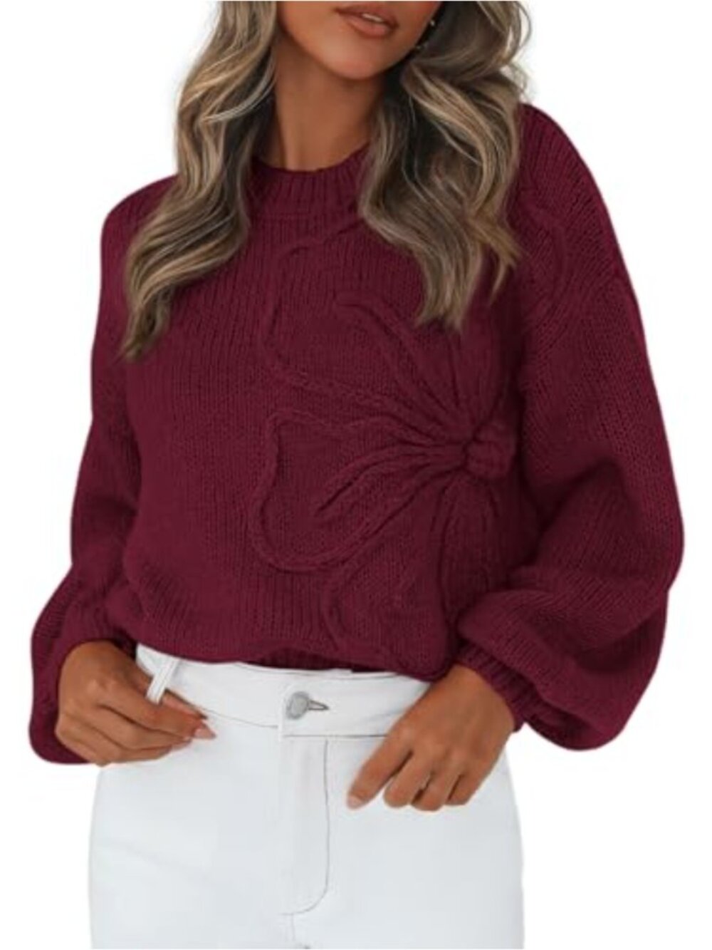 Oversized 3D Floral Knit Sweater 70% Polyester 30% Acrylic Crew Neck Drop